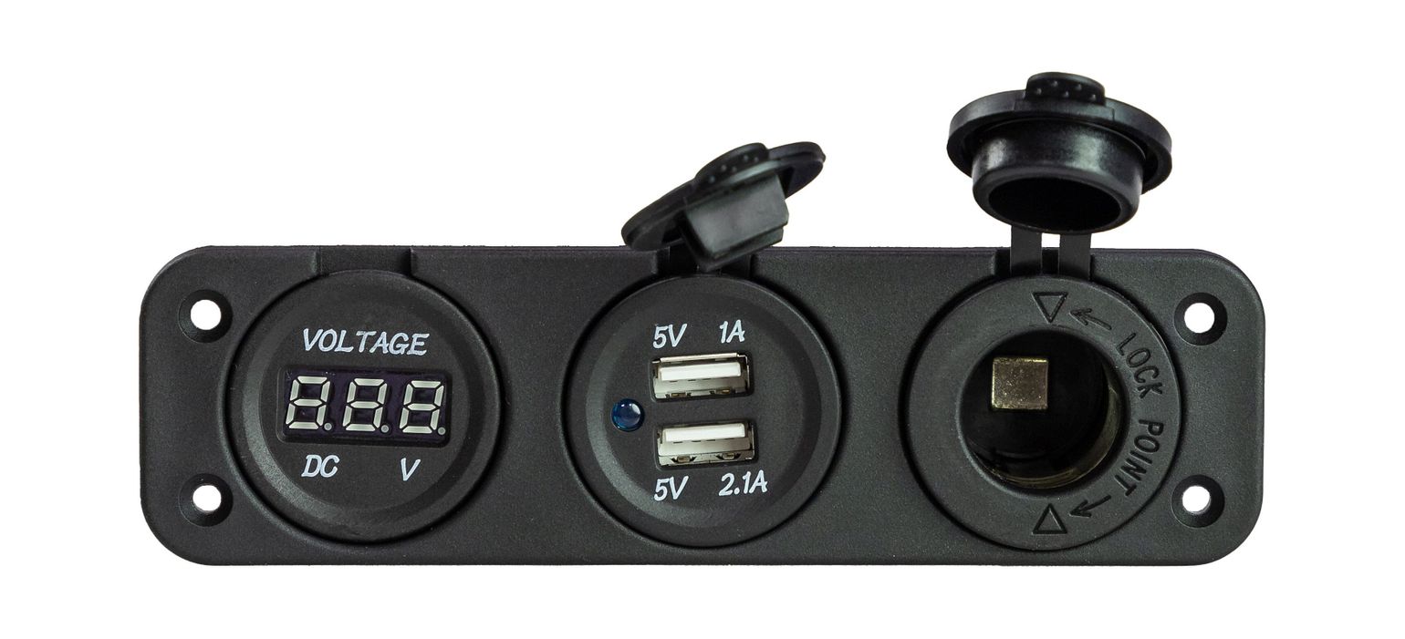 картинка Панель с USB-разъемом 5в 2.1А, прикуривателем и вольтметром