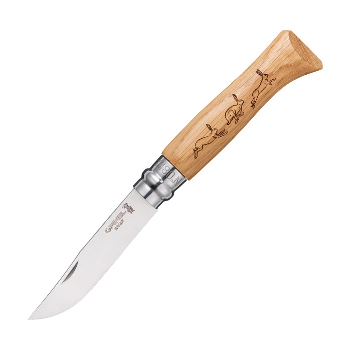 картинка Нож Opinel №8 Animalia, нержавеющая сталь, рукоять дуб, гравировка заяц, 001623