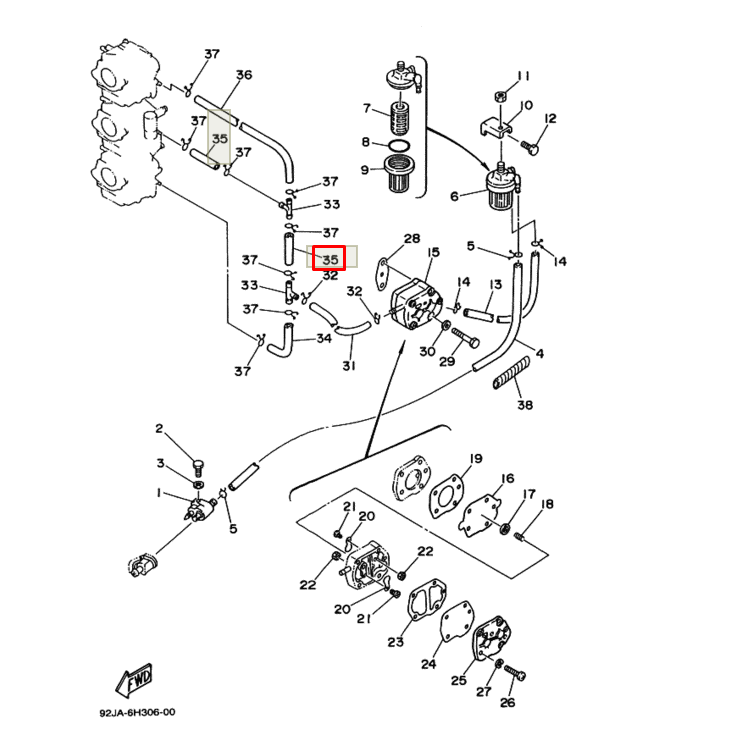 картинка Трубка (445 мм) блок цилиндров Yamaha 60-70