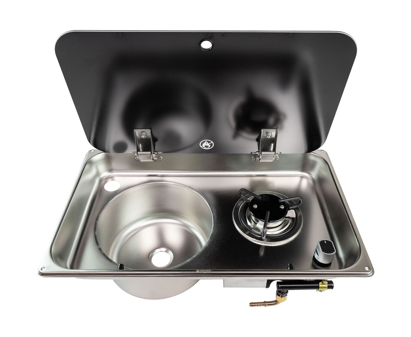 картинка Плита газовая с круглой мойкой, стеклянная крышка, Marine Rocket