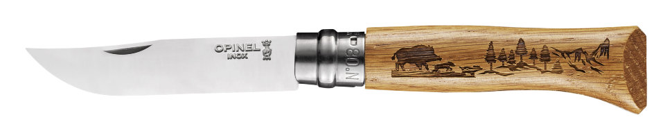 картинка Нож Opinel №8, нержавеющая сталь, рукоять дуб, гравировка кабан. 002331