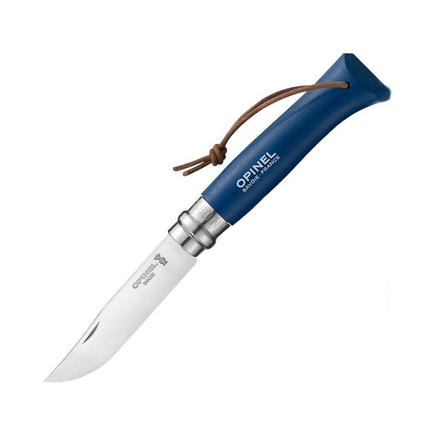 картинка Нож Opinel №8 Trekking, нержавеющая сталь, кожаный темляк, синий, 001704