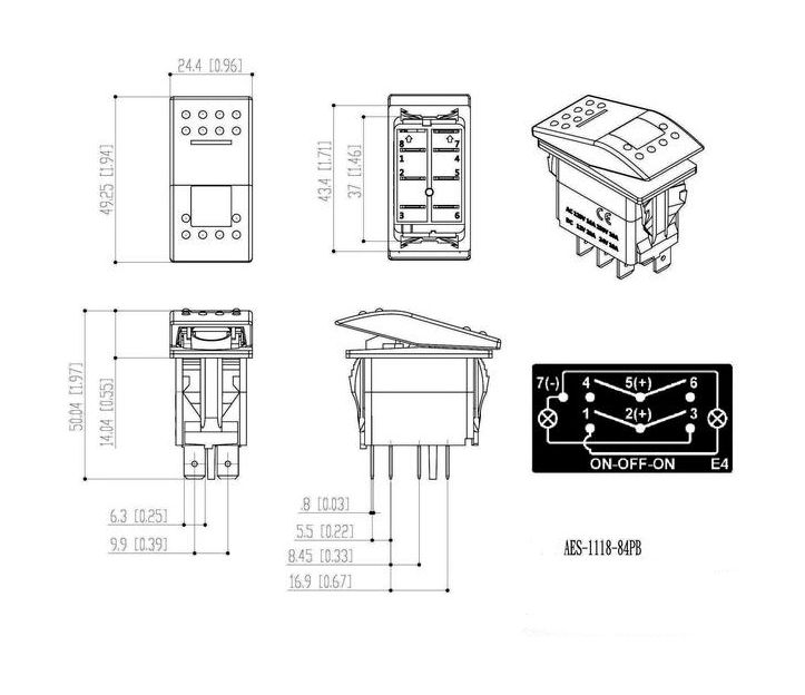 картинка Переключатель трехпозиционный ON-OFF-ON 12 В/20А 7Р с подсветкой