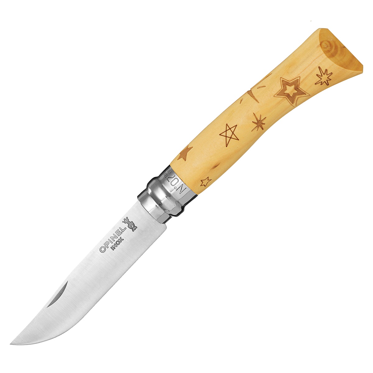 картинка Нож Opinel №7 Nature, нержавеющая сталь, рукоять самшит, гравировка звезды, 001549