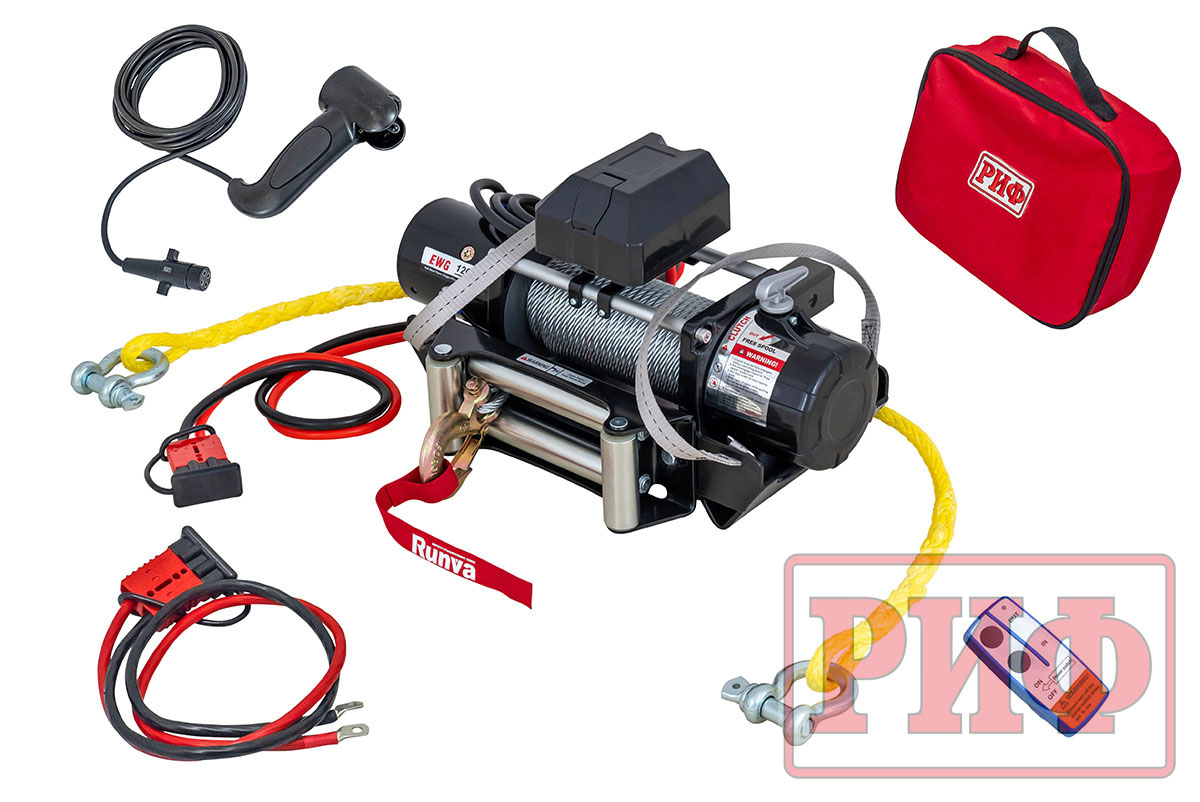 картинка Лебёдка переносная 12000 РИФ c квадратом для фаркопа, стальной трос облегченная