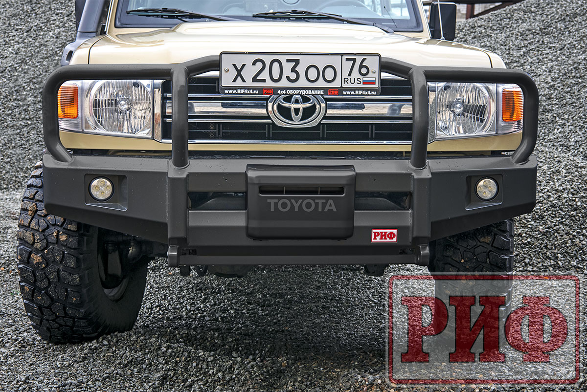 картинка Бампер РИФ передний Toyota Land Cruiser 76/78 2007+ c доп. фарами и защитной дугой, под штатную лебедку