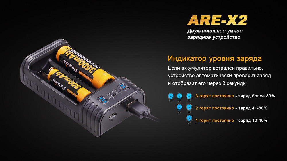 картинка Зарядное устройство Fenix ARE-X2 (10440, 14500, 16340, 18650, 26650)