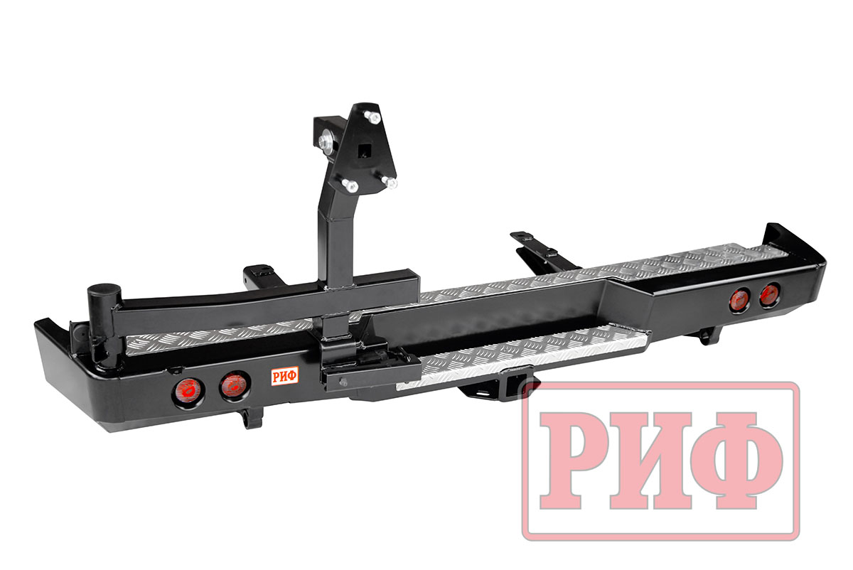 картинка Бампер задний РИФ ГАЗ Соболь с квадратом под фаркоп, калиткой (слева), фонарями. подсветкой номера,