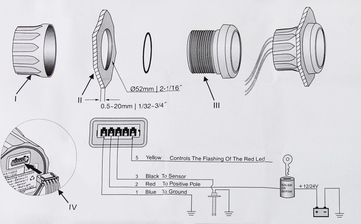 картинка Указатель уровня топлива светодиодный, белый циферблат, нержавеющий ободок, д. 52 мм