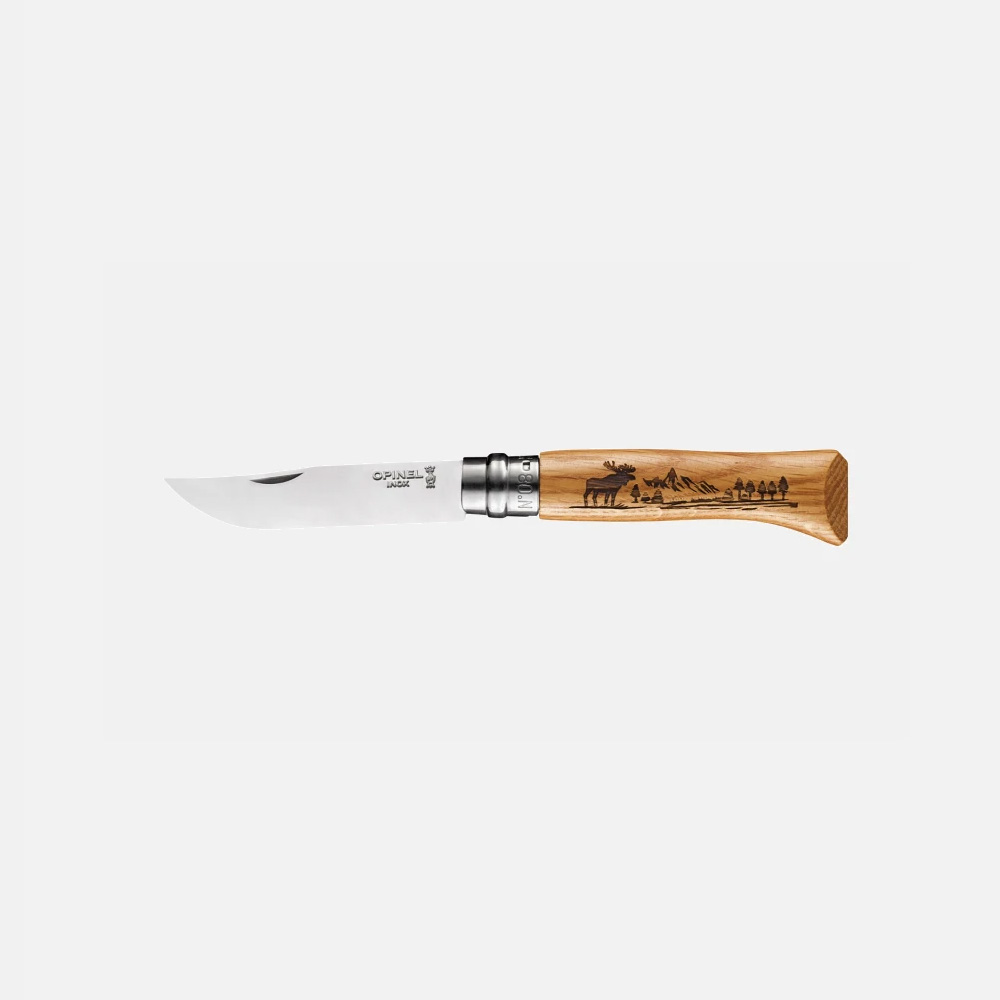 картинка Нож Opinel №8 Animalia, нержавеющая сталь, рукоять дуб, гравировка лось