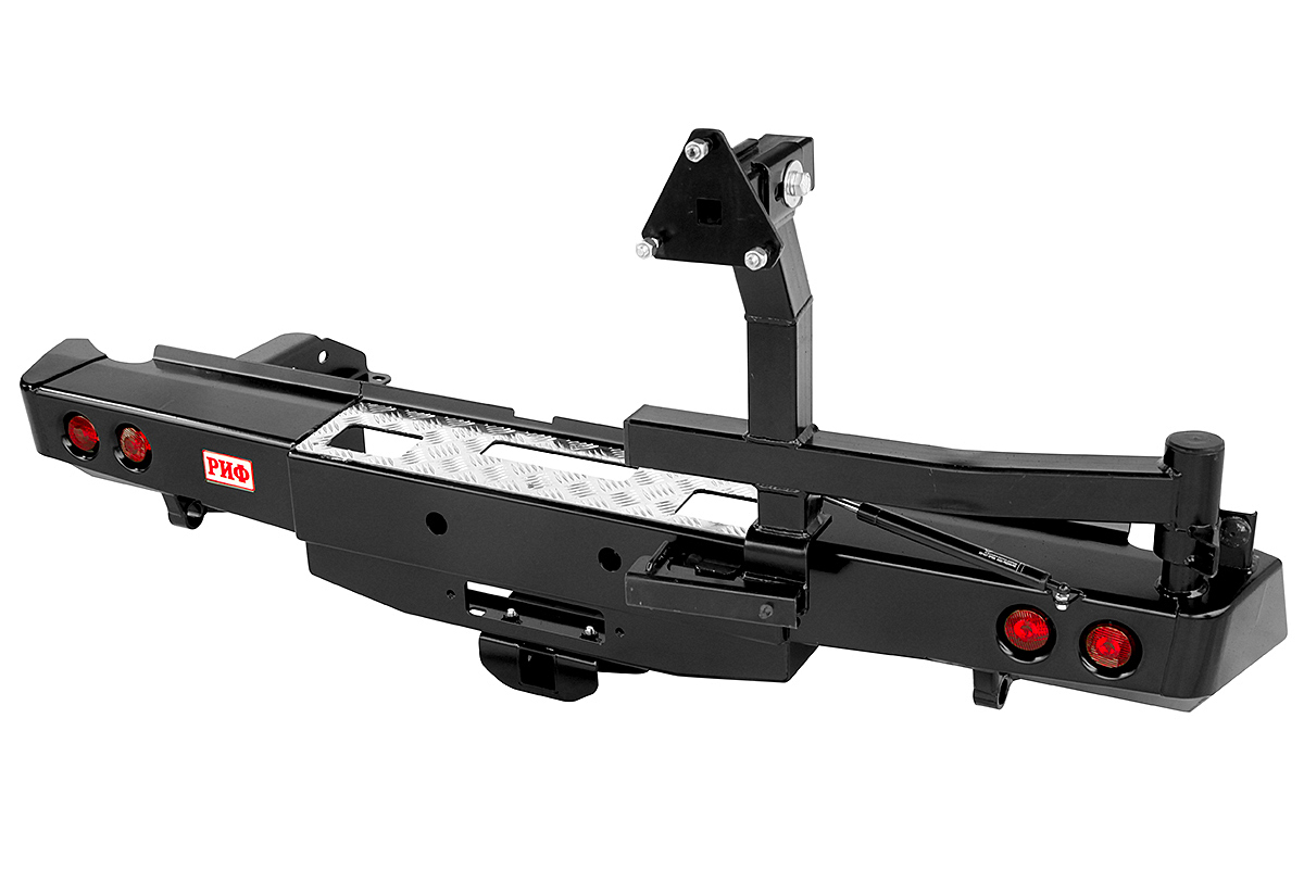 картинка Бампер задний РИФ Nissan Navara D40 05-14 с площ. под лебёдку, квад. под фаркоп, калиткой и фонарями