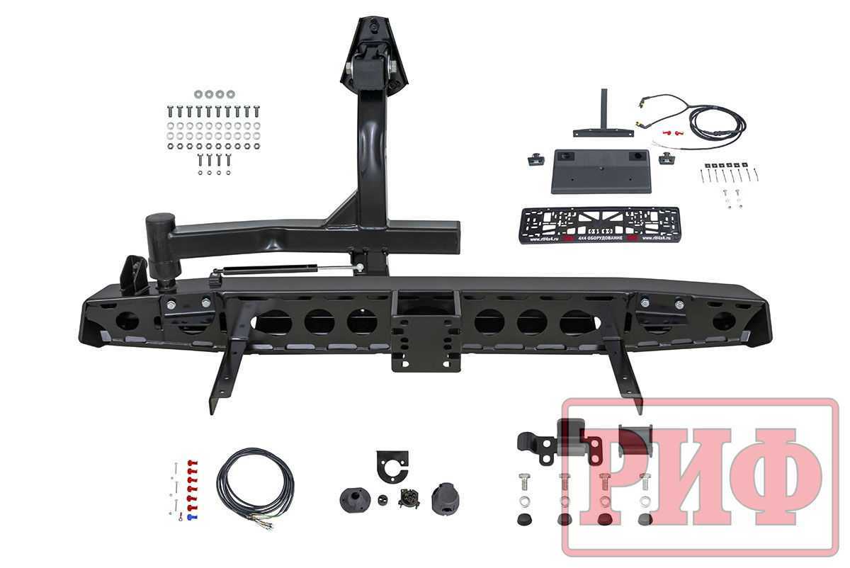 картинка Бампер РИФ задний УАЗ Хантер с квадратом под фаркоп, калиткой (справа), подсветкой номера, лифт 65 мм