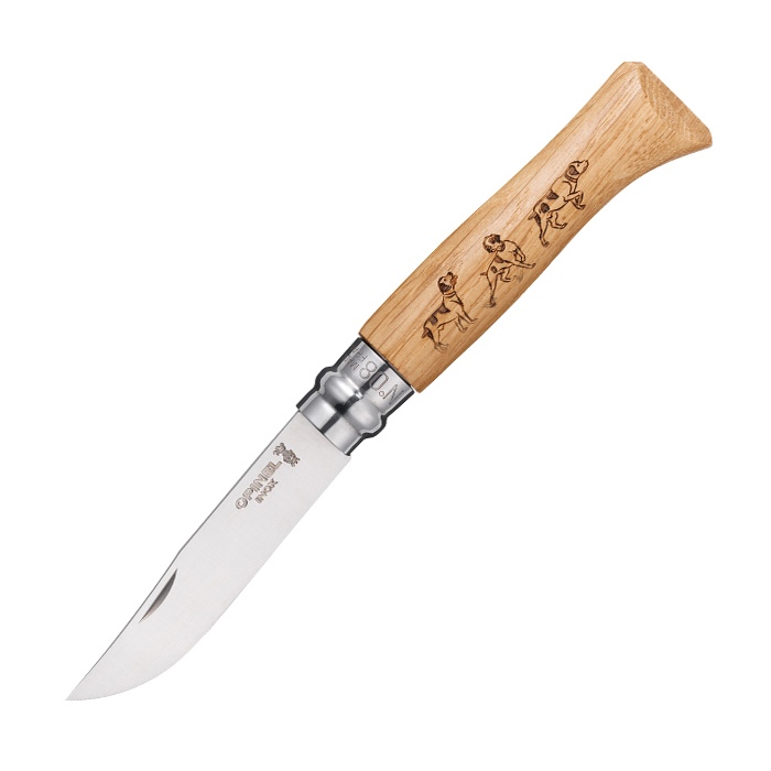 картинка Нож Opinel №8 Animalia, нержавеющая сталь, рукоять дуб, гравировка собака, 001622
