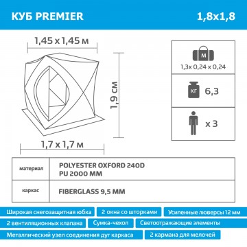картинка Палатка зимняя PREMIER Куб утепленная 1,8х1,8, бирюза/серый