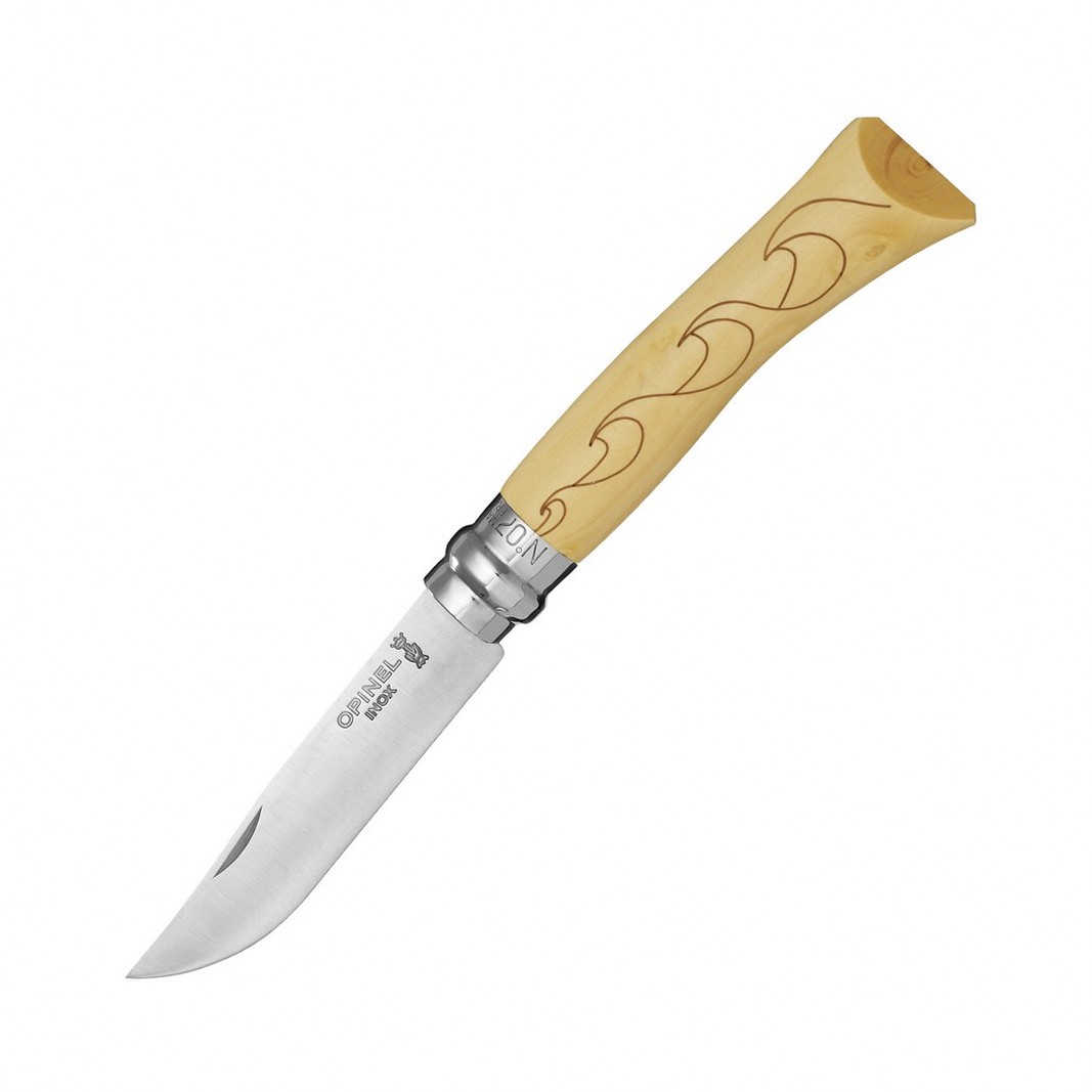 картинка Нож Opinel №7 Nature, нержавеющая сталь, рукоять самшит, гравировка волны, 001552