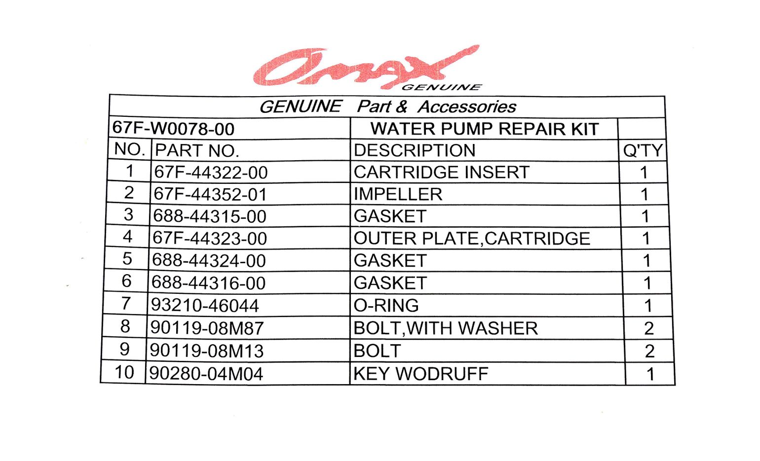 Ремкомплект помпы Yamaha F75-F100, Omax