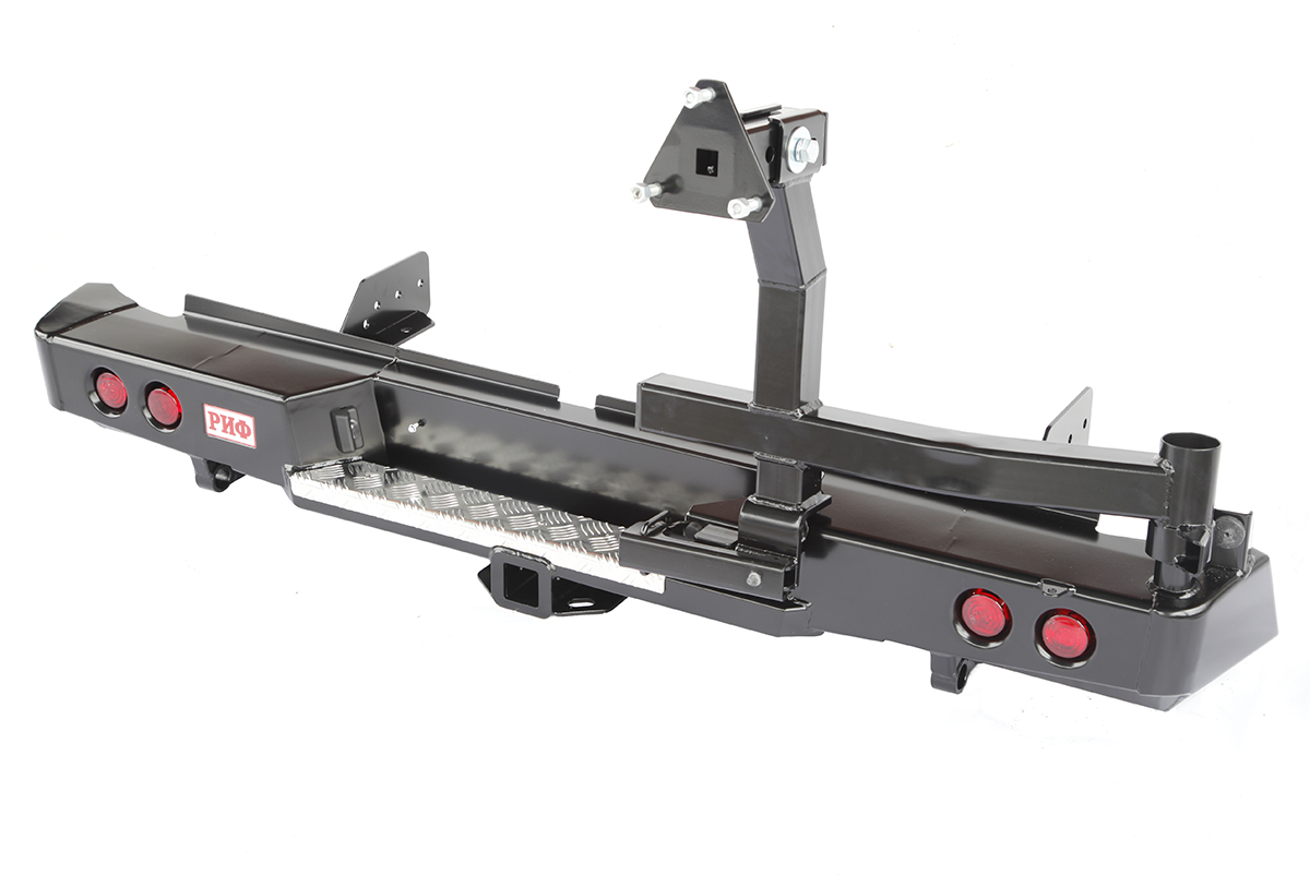 картинка Бампер задний РИФ Mitsubishi L200 2015+ с квадратом под фаркоп, калиткой и фонарями