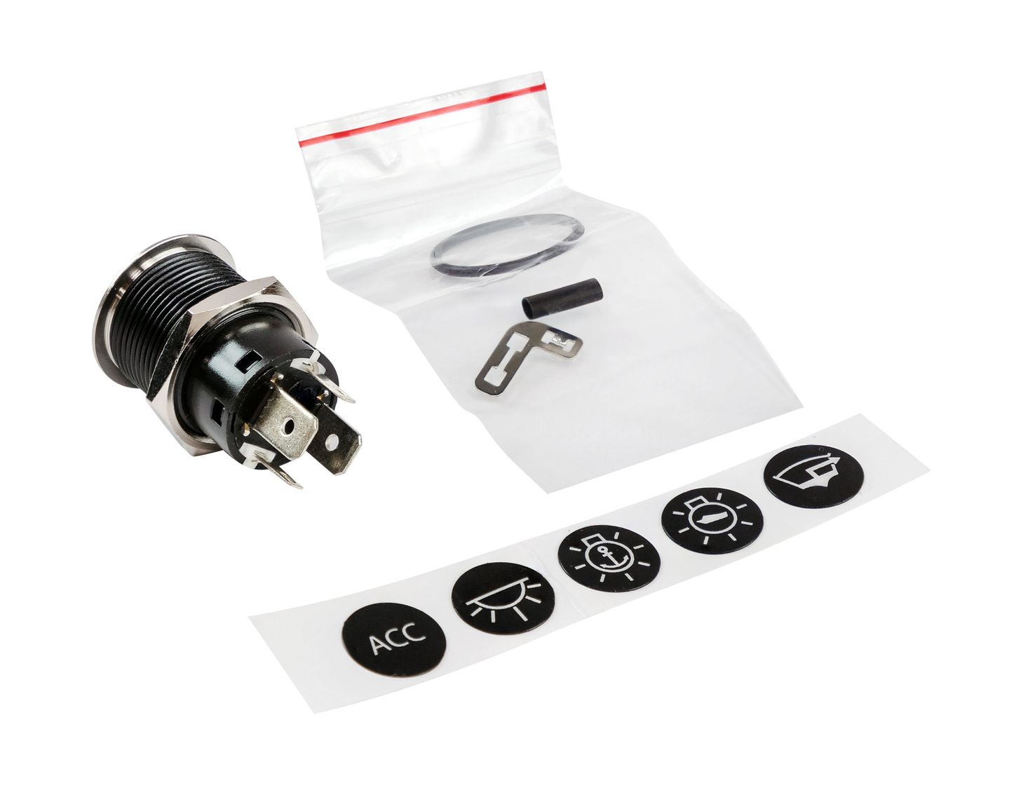 картинка Кнопка без фиксации, подсветка белая, наклейки, 12 В, 20А, 19мм