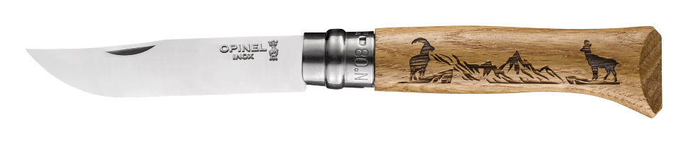 картинка Нож Opinel №8, нержавеющая сталь, рукоять дуб, гравировка серна, 002336