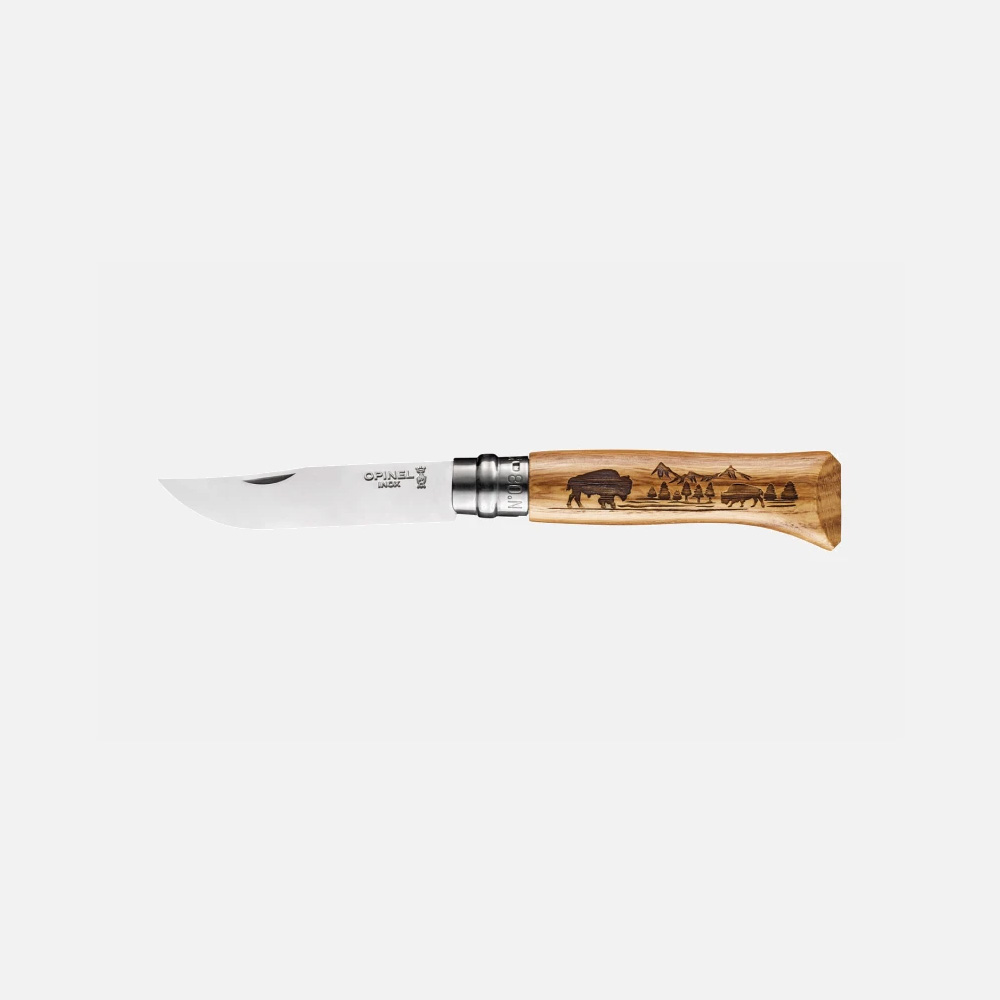 картинка Нож Opinel №8 Animalia, нержавеющая сталь, рукоять дуб, гравировка бизон