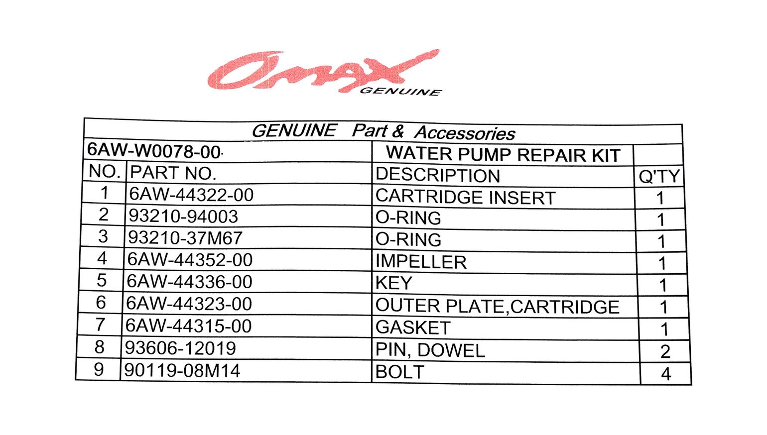 Ремкомплект помпы Yamaha F300-F350, Omax