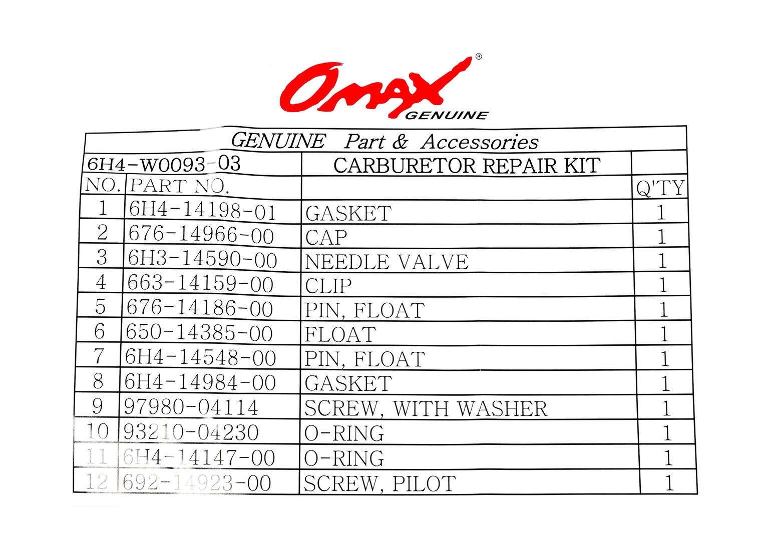 картинка Ремкомплект карбюратора Yamaha 25-50 1CYL, Omax