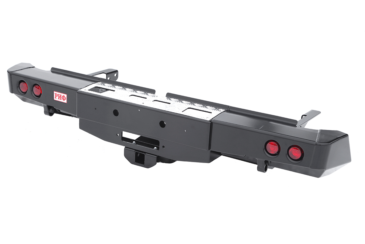 картинка Бампер задний РИФ Toyota Hilux 2015+ с площадкой под лебедку, квадратом под фаркоп и фонарями