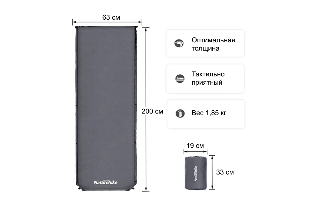 Коврик самонадувающийся Naturehike, 200х63х5 см, темно-серый
