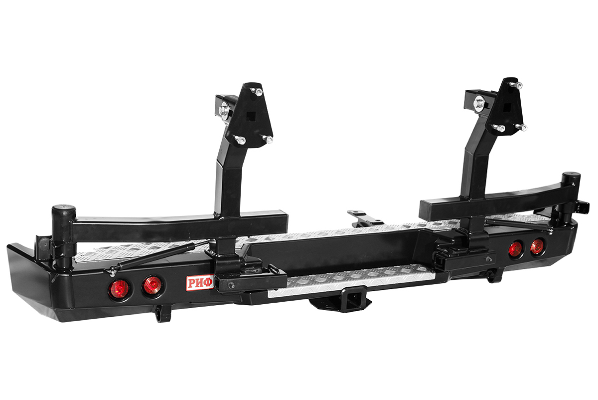 картинка Бампер задний РИФ для ГАЗ Соболь 1999+ с квадратом под фаркоп, 2-мя калитками и фонарями стандарт