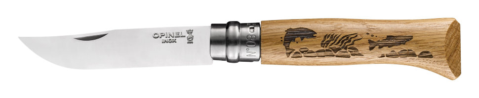 картинка Нож Opinel №8, нержавеющая сталь, рукоять дуб, гравировка рыба, 002334