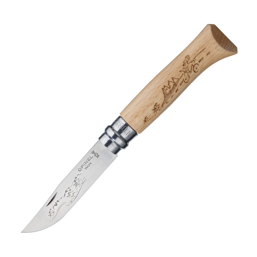 картинка Нож Opinel №8, нержавеющая сталь, рукоять бук, гравировка велосипедист, 001790