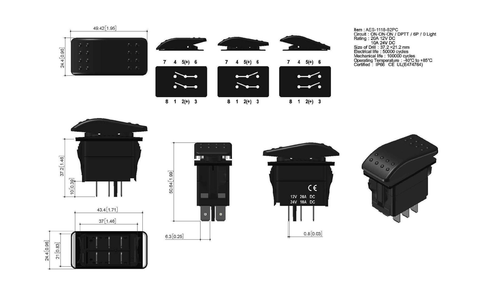 картинка Переключатель трехпозиционный ON-ON-ON 12 В/20А 6Р