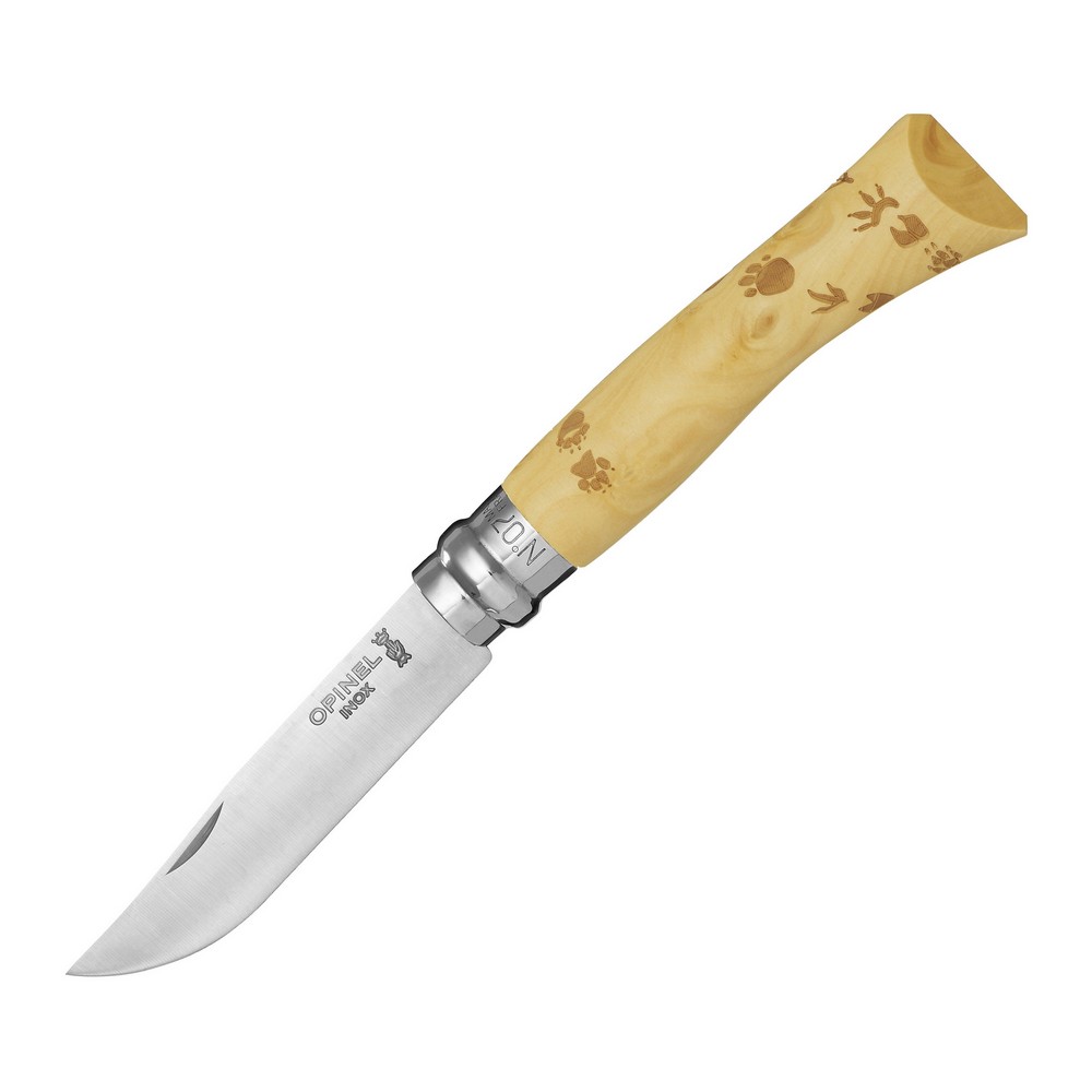 картинка Нож Opinel №7 Nature, нержавеющая сталь, рукоять самшит, гравировка следы, 001550