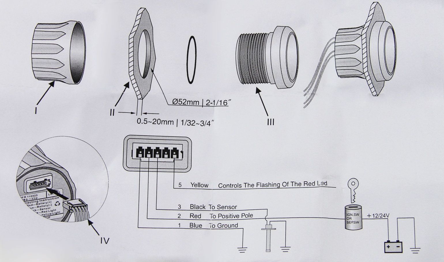 картинка Указатель уровня топлива светодиодный, черный циферблат, нержавеющий ободок, д. 52 мм
