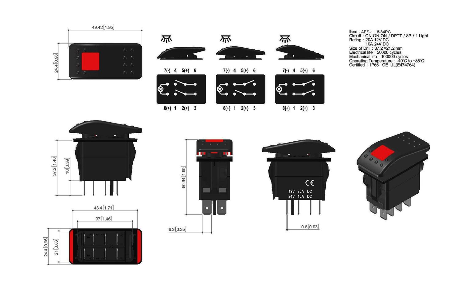 картинка Переключатель трехпозиционный ON-ON-ON 12 В/20А 8Р с подсветкой