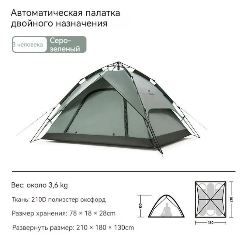 картинка Палатка Naturehike 3-местная, быстросборная, алюминиевый каркас, серо-зеленая