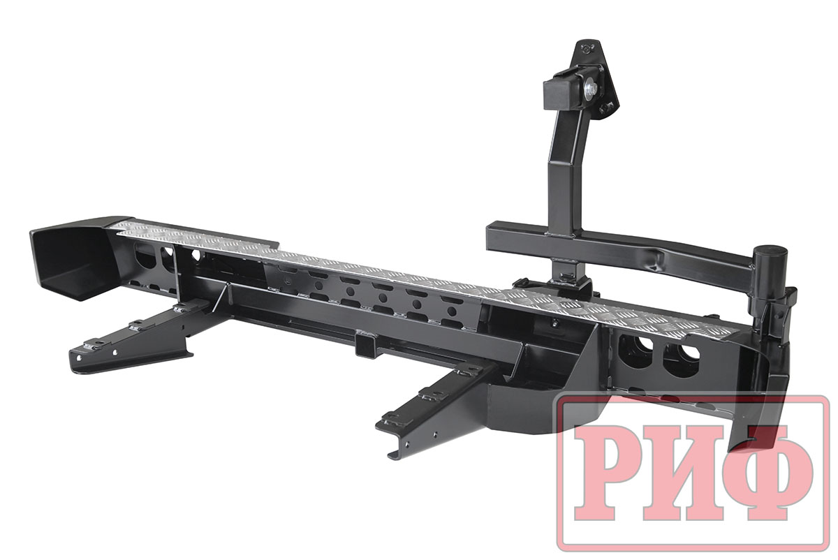 картинка Бампер задний РИФ ГАЗ Соболь с квадратом под фаркоп, калиткой (слева), фонарями. подсветкой номера,
