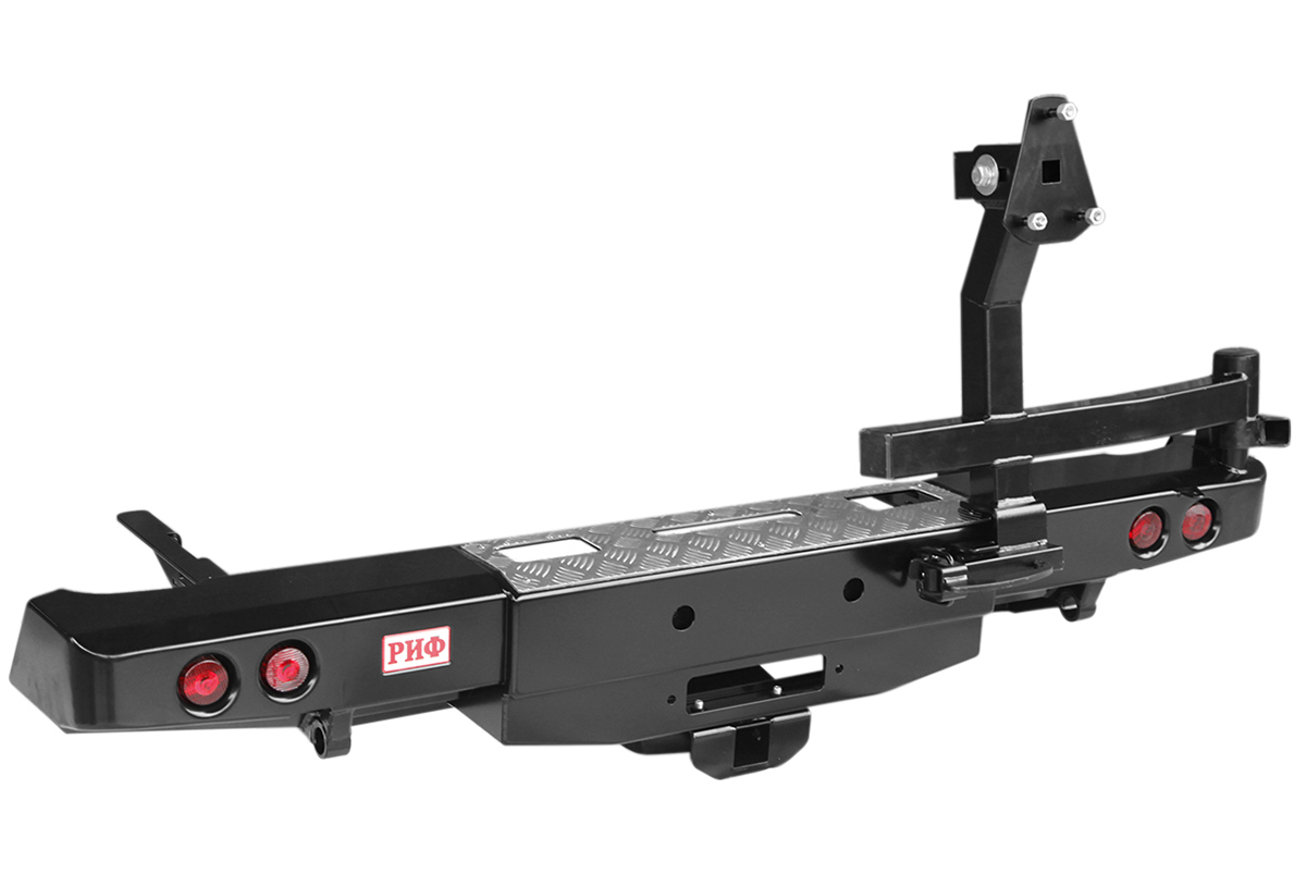 картинка Бампер задний РИФ Toyota Hilux 2005-2014 с площ. под лебёдку, квад. под фаркоп, калиткой и фонарями