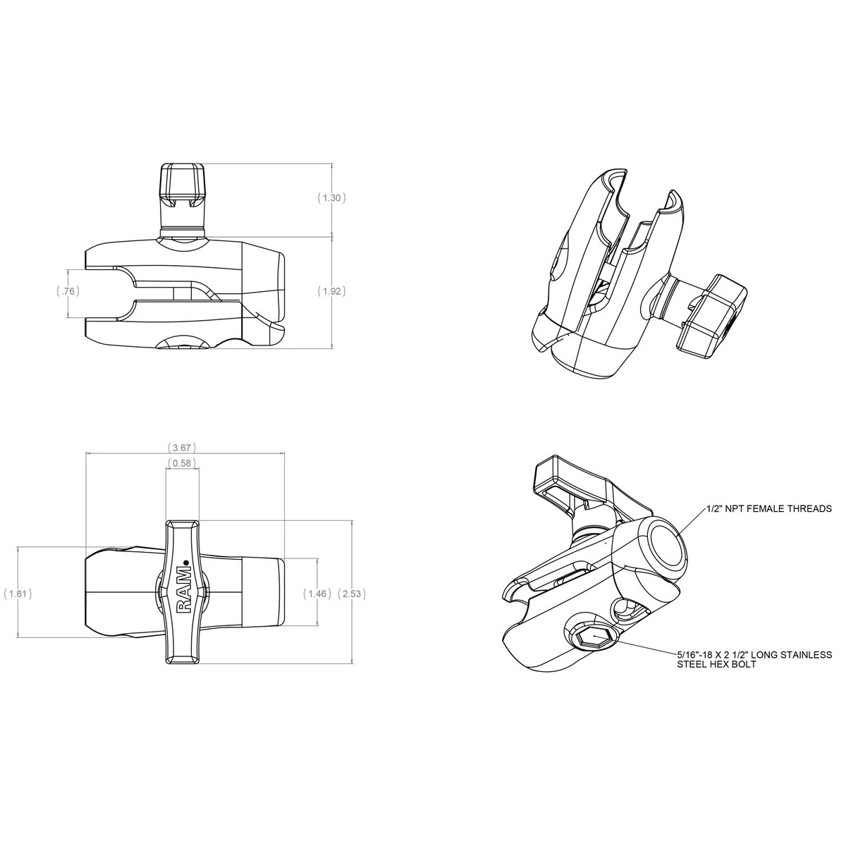 Крепление RAM полумуфта под шары 38 мм (1,5") с резьбовым отверстием 1/2" NPT