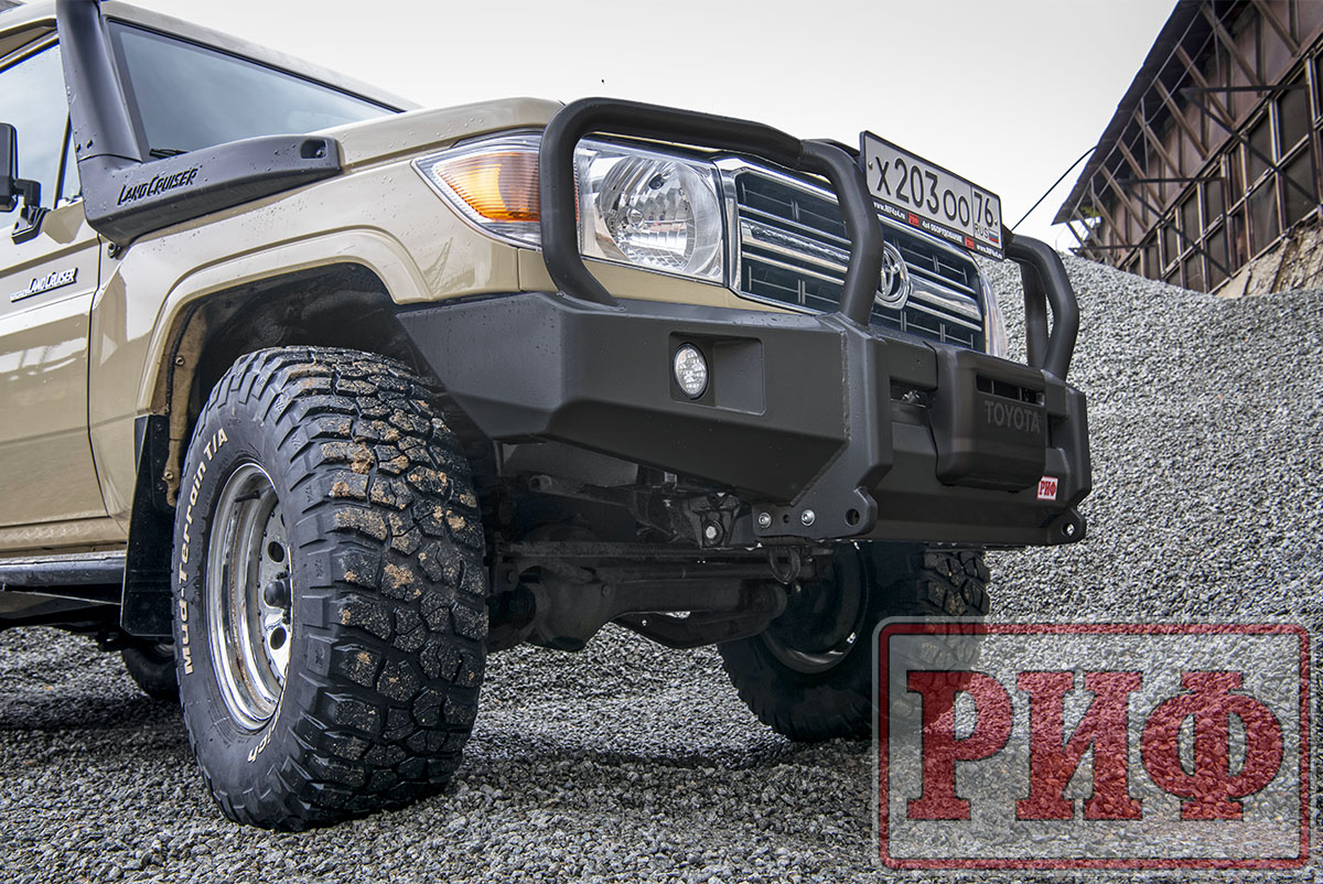 картинка Бампер РИФ передний Toyota Land Cruiser 76/78 2007+ c доп. фарами и защитной дугой, под штатную лебедку