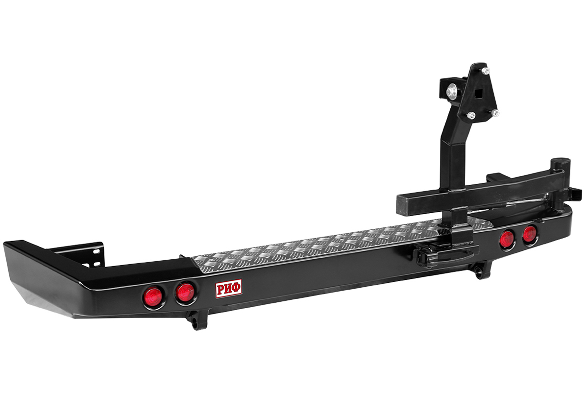 картинка Бампер задний РИФ УАЗ Патриот 2015+ c фонарями и калиткой без фаркопа, лифт 65мм
