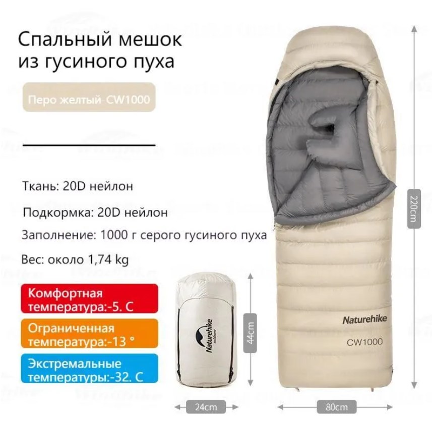 картинка Мешок спальный Naturehike CW1000, 220х80 см, (правый) (ТК: -5C), бежевый