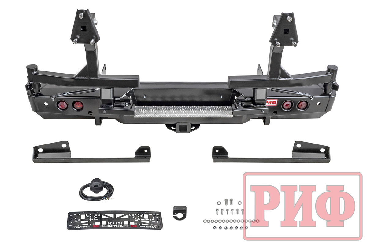 картинка Бампер задний РИФ Toyota Tundra 2007+ с квадратом под фаркоп, 2-мя калитками и фонарями