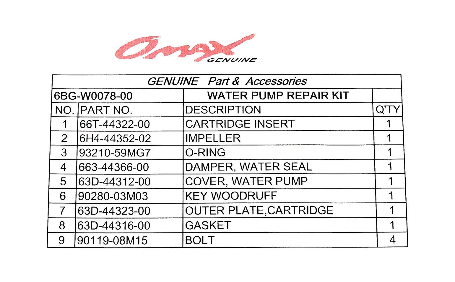 Ремкомплект помпы Yamaha F30-F40, Omax