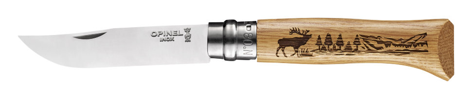 картинка Нож Opinel №8, нержавеющая сталь, рукоять дуб, гравировка олень, 002332