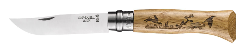 картинка Нож Opinel №8, нержавеющая сталь, рукоять дуб, гравировка заяц, 002333