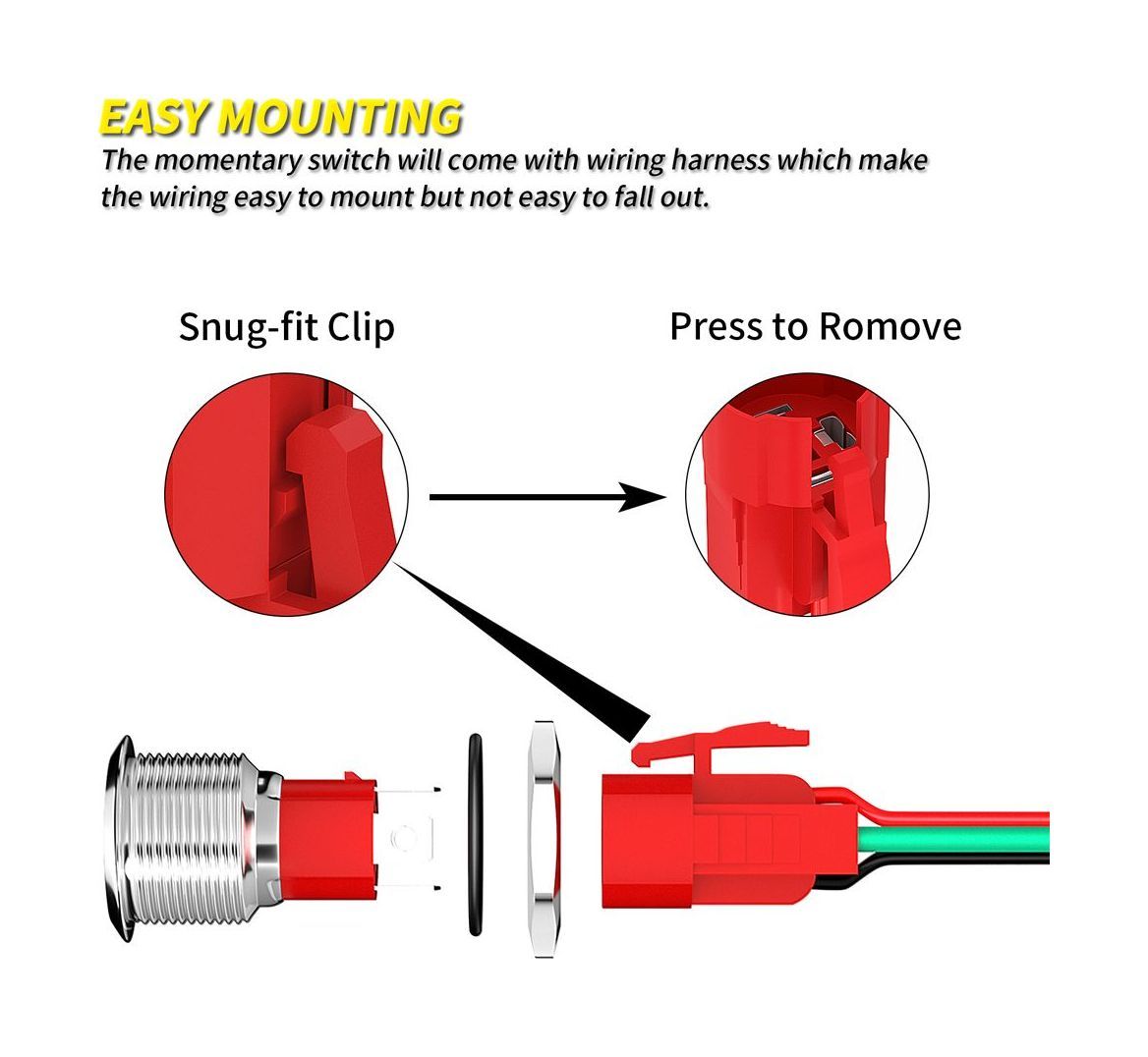 картинка Кнопка без фиксации, подсветка красная, 12 В, д. 19мм