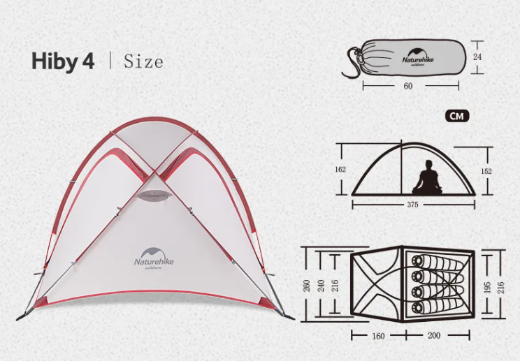 картинка Палатка Naturehike Hiby Si 4-местная, алюминиевый каркас, серо-красный