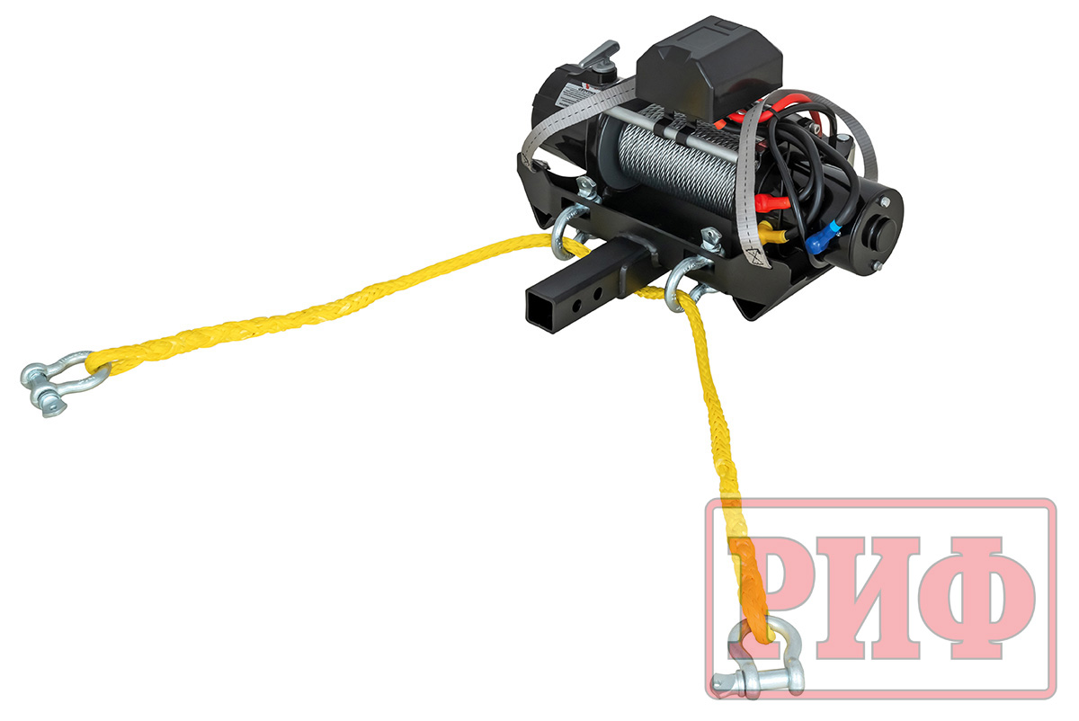 картинка Лебёдка переносная 12000 РИФ c квадратом для фаркопа, стальной трос облегченная