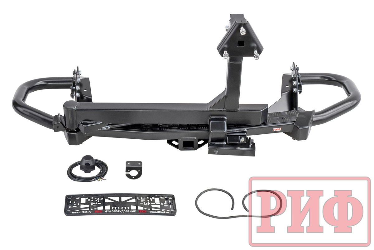 картинка Бампер задний РИФ Mitsubishi Pajero Sport 2015+ c квадратом под фаркоп, калиткой, подсветкой номера